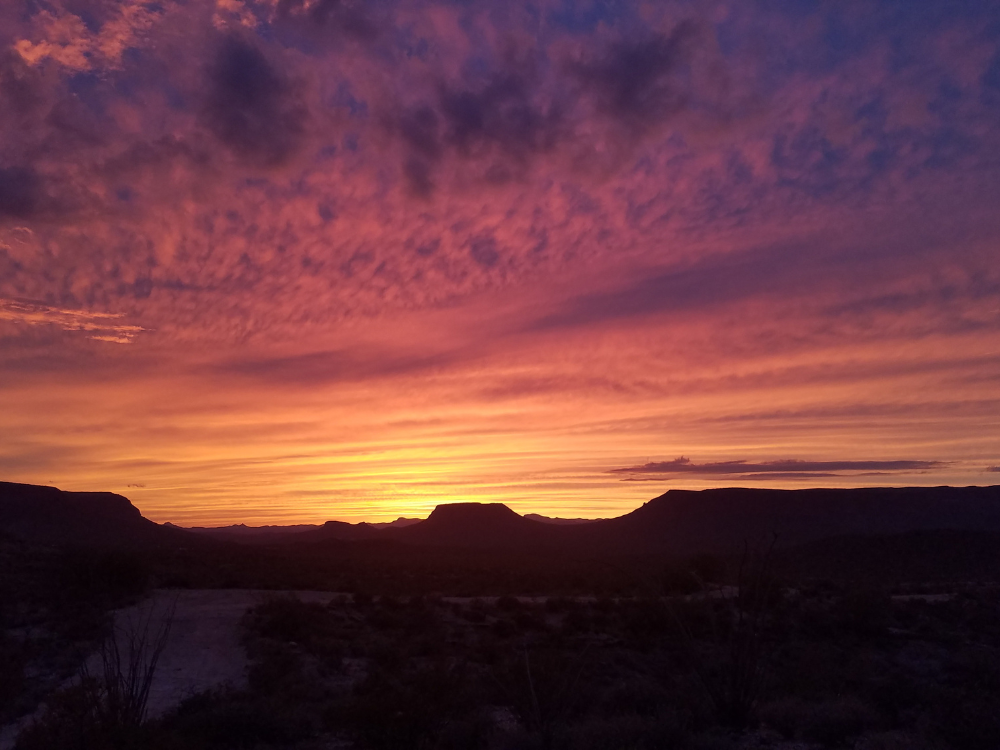 Desert sunset with yellow pink and orange clouds